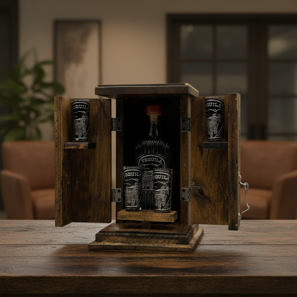 Handmade Mexican Shot Glass and Decanter Set in Rustic Box