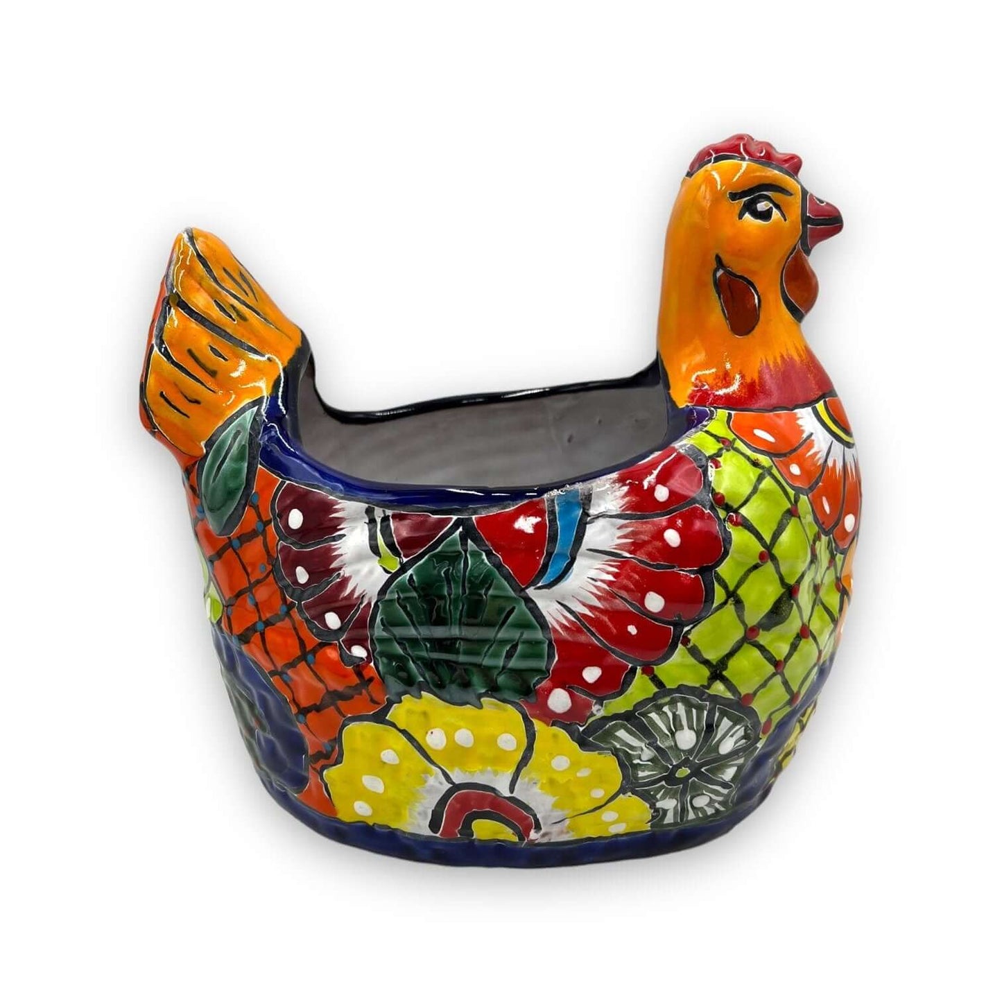 Talavera Chicken Planter | Large Hand-Painted Mexican Pottery Statue colorful hand-painted ceramic chicken planter for indoor or outdoor use