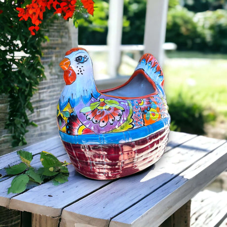Talavera Chicken Planter | Large Hand-Painted Mexican Pottery Statue - vibrant hand-painted Talavera chicken planter in reds blues purples and greens