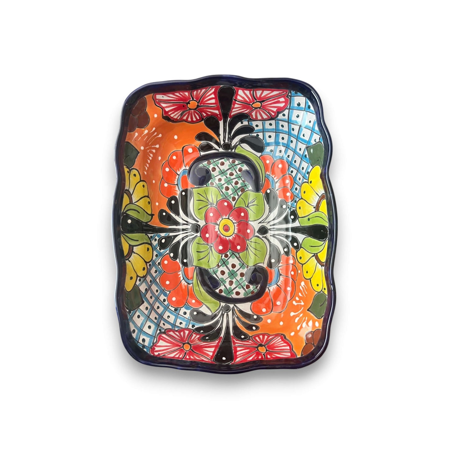 Talavera Serving Dish | Large Hand-Painted Mexican Ceramic Bowl — rectangular vibrant hand-painted Talavera ceramic serving dish from Guanajuato, decorative centerpiece
