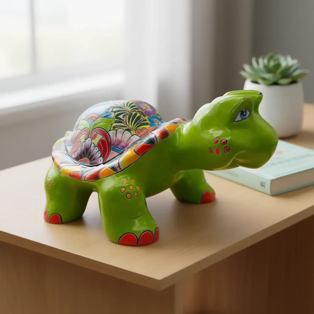 Large Talavera Turtle Statue | Hand-Painted Mexican Ceramic - vibrant hand-painted green ceramic turtle with floral Talavera shell