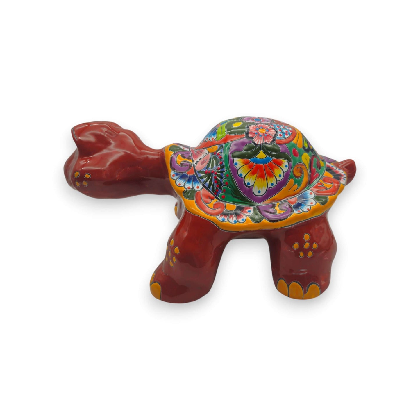 Large Talavera Turtle Statue | Hand-Painted Mexican Ceramic - vibrant hand-painted red ceramic turtle with floral Talavera shell