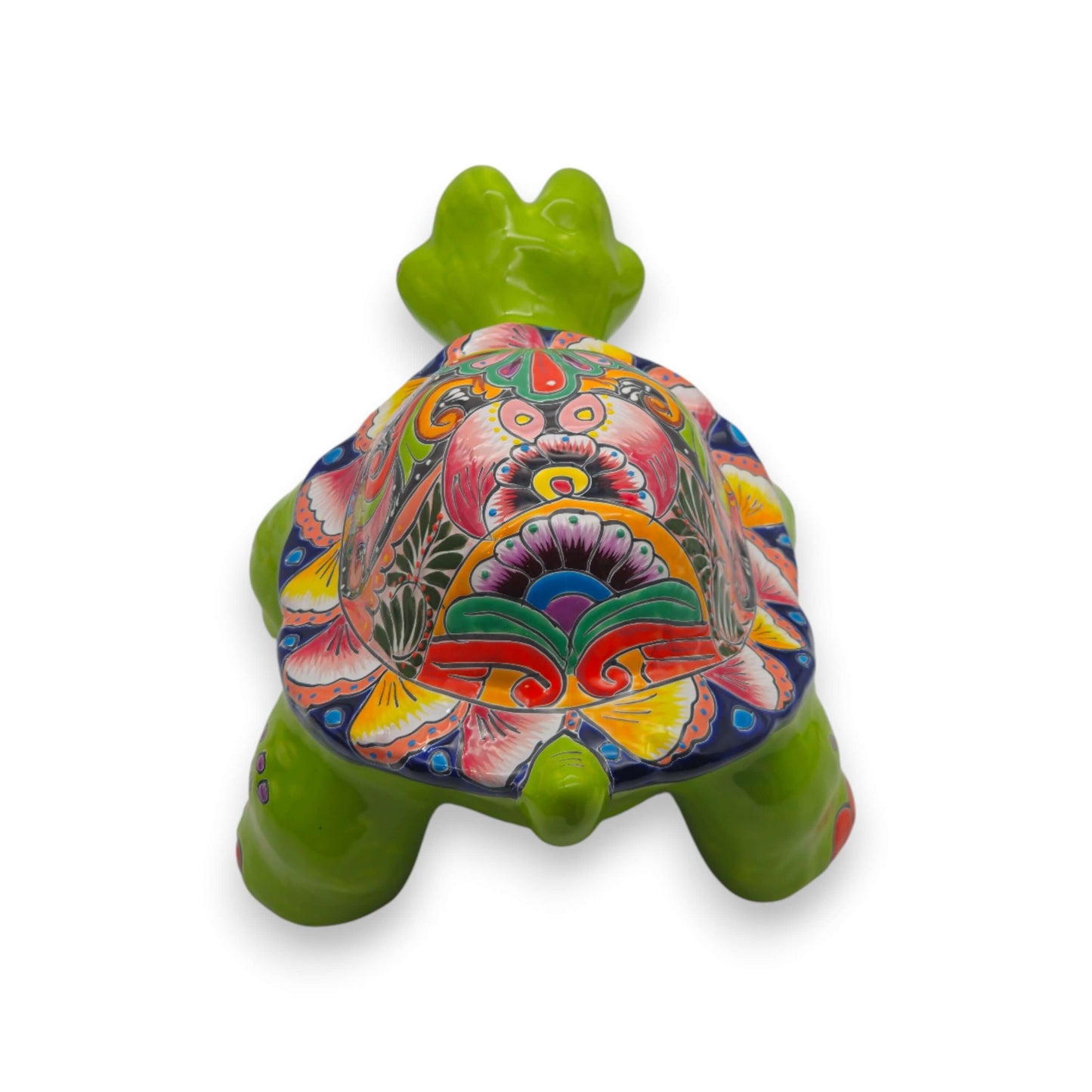 Large Talavera Turtle Statue | Hand-Painted Mexican Ceramic - vibrant hand-painted Talavera shell, green ceramic turtle from Guanajuato
