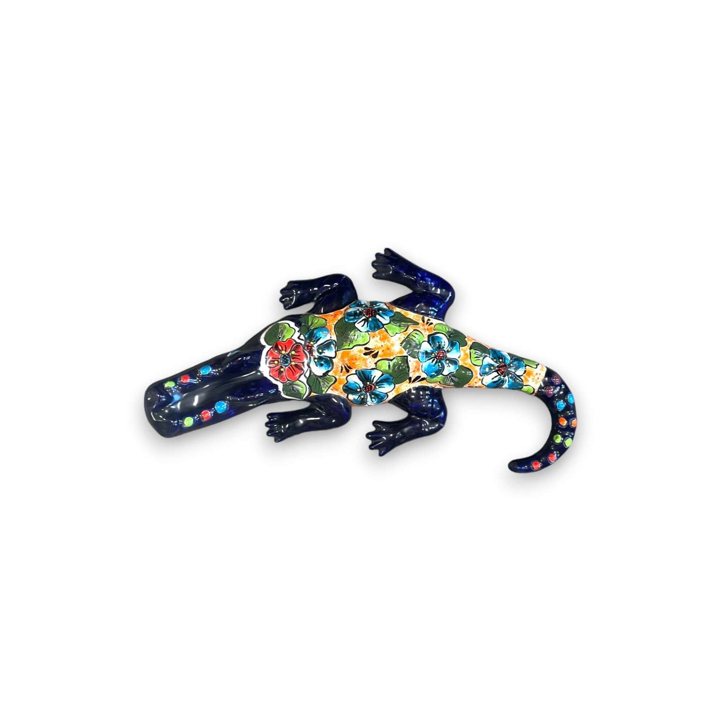 Vibrant Talavera Alligator | Large Mexican Handmade Ceramic Reptile Art - hand-painted blue floral Talavera alligator sculpture from Guanajuato