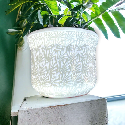 Large Mexican Talavera Hand-Painted Flower Pot | White Floral Design - hand-painted white Talavera planter with raised floral motif and green fern