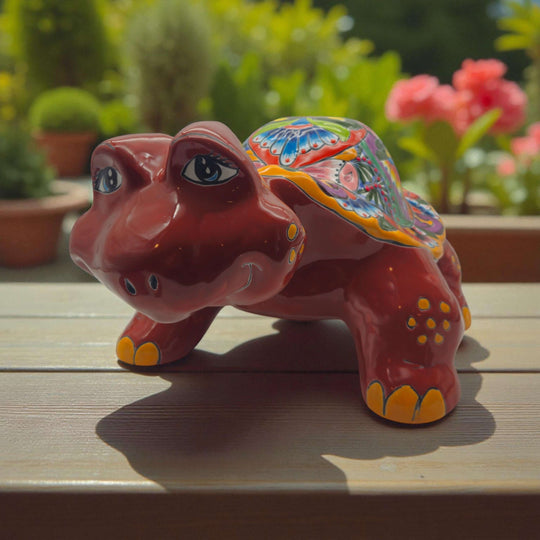 Large Talavera Turtle Statue | Hand-Painted Mexican Ceramic — hand-painted red Talavera ceramic turtle with floral and geometric shell motifs