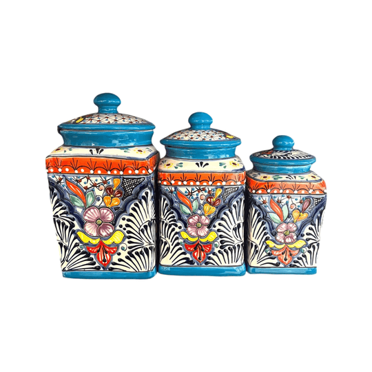 Set of 3 Light Blue Talavera Canister Set | Handmade Mexican Pottery from Puebla - hand-painted Puebla Talavera ceramic kitch