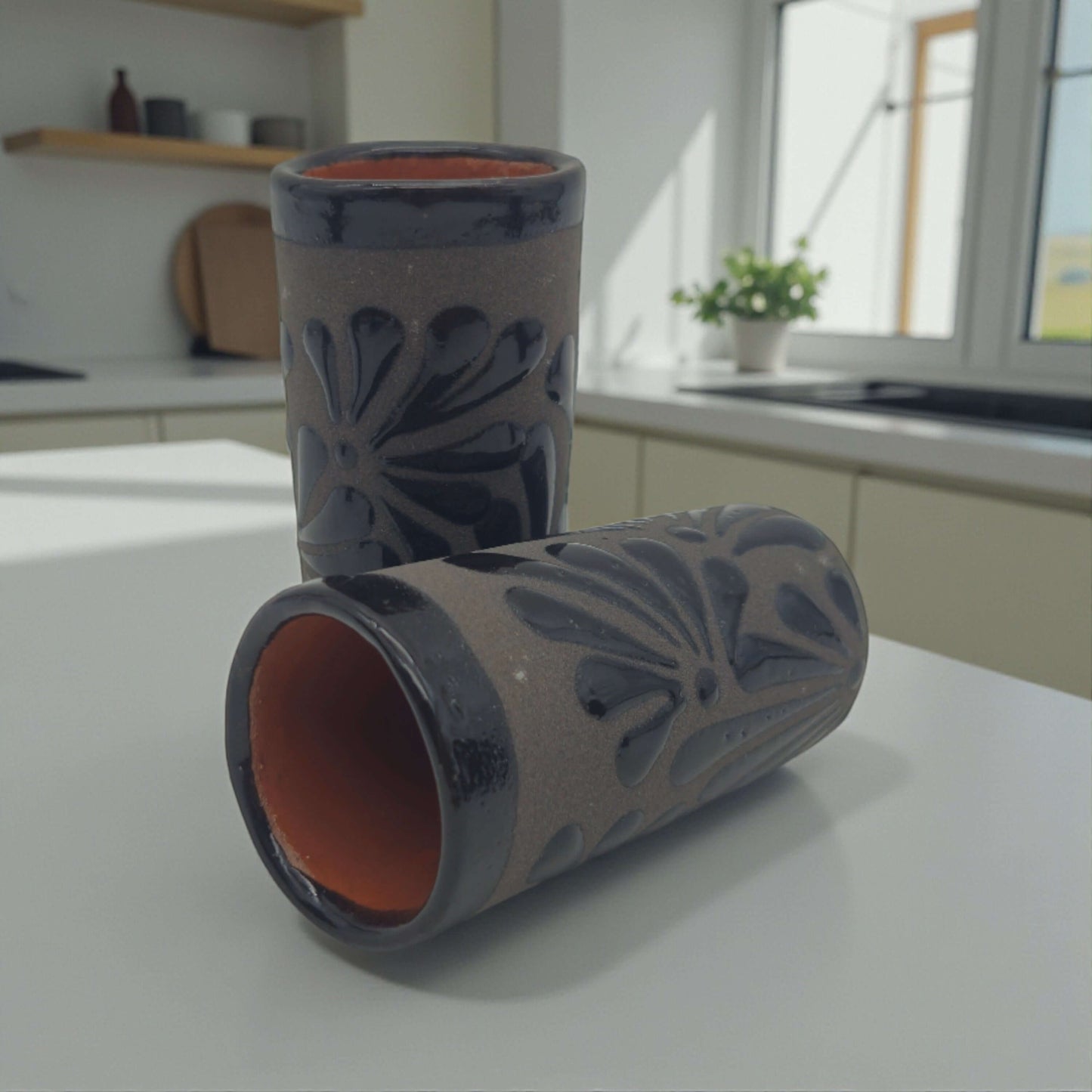 Matte Black Talavera Shot Glass | Mexican Ceramic Barware - handcrafted matte black shot glass with hand-carved floral motifs, kiln-fired, Guanajuato studio