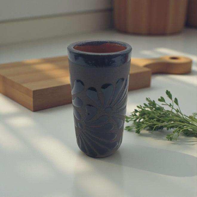 Matte Black Talavera Shot Glass | Mexican Ceramic Barware - hand-painted matte black shot glass with carved floral motifs, kiln-fired lead-free glaze