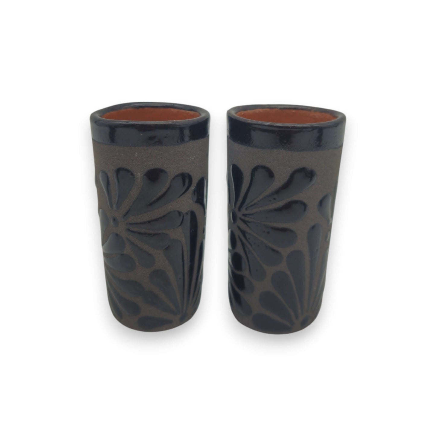 Matte Black Talavera Shot Glass | Mexican Ceramic Barware — hand-painted matte black shot glass with carved floral motifs, kiln-fired, lead-free glaze