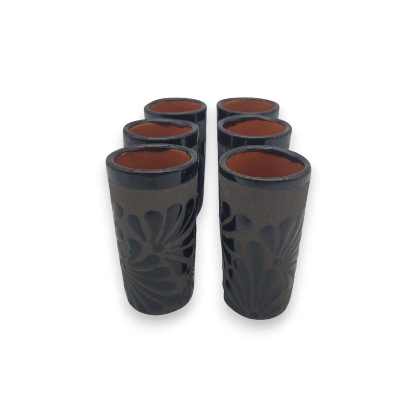 Matte Black Talavera Shot Glass | Mexican Ceramic Barware - set of six hand-painted matte black shot glasses with carved floral motifs, kiln-fired, lead-free glaze