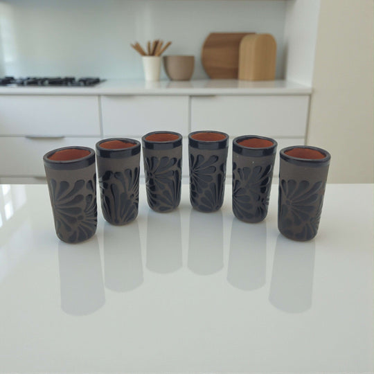 Matte Black Talavera Shot Glass | Mexican Ceramic Barware - set of six hand-painted matte black shot glasses with carved floral motifs, kiln-fired lead-free glaze