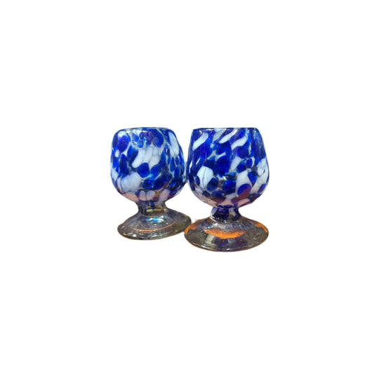 Mexican Artisan Shot Glass | Blue & White Cognac Style Design - hand-blown lead-free Talavera-style blue and white pair