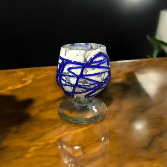 Mexican Artisan Shot Glass | Blue & White Cognac Style Design handcrafted hand-blown lead-free glass with blue swirled design