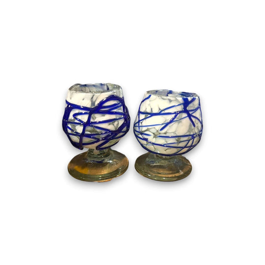 Mexican Artisan Shot Glass | Blue & White Cognac Style Design - handmade hand-blown lead-free glass with blue swirled decoration, pair from Guanajuato