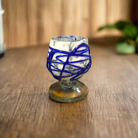 Mexican Artisan Shot Glass | Blue & White Cognac Style Design hand-blown lead-free glass with cobalt blue swirls, artisanal shot glass from Guanajuato