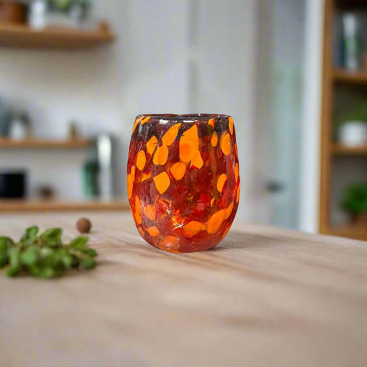 Mexican Artisan Shot Glass | Handmade Lava Design Ceramic - hand-blown lead-free glass with orange lava pattern, crafted in Guanajuato, Mexico