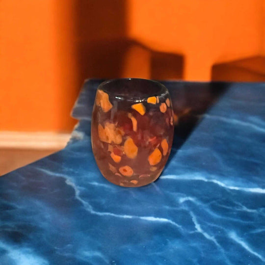 Mexican Artisan Shot Glass | Handmade Lava Design Ceramic hand-blown lead-free glass with orange lava pattern, Guanajuato artisan piece