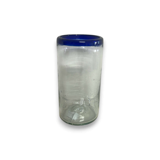Mexican Blue Rim Tumbler | Hand-Blown Clear Glassware - hand-blown clear tumbler with deep cobalt rim, lead-free glass, traditional Mexican design