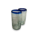 Mexican Blue Rim Tumbler | Hand-Blown Clear Glassware - pair of hand-blown clear glasses with cobalt blue rims, lead-free traditional Mexican design
