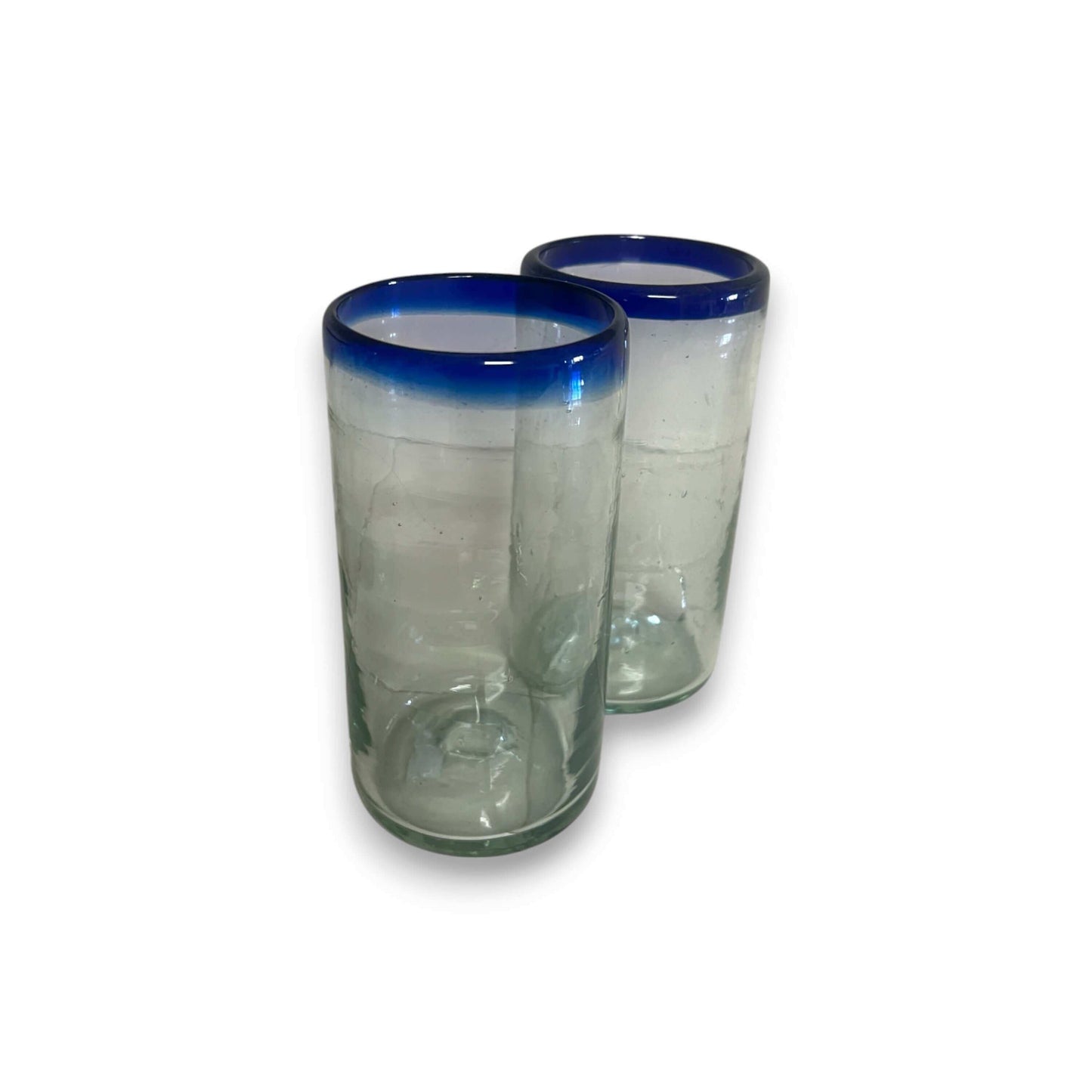 Mexican Blue Rim Tumbler | Hand-Blown Clear Glassware - pair of hand-blown clear glasses with cobalt blue rims, lead-free traditional Mexican design