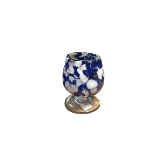 Mexican Artisan Shot Glass | Blue & White Cognac Style Design - hand-blown lead-free glass, blue and white Talavera-style pattern, Guanajuato artisan