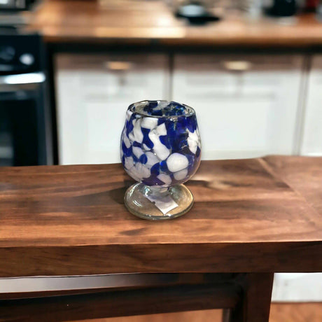 Mexican Artisan Shot Glass | Blue & White Cognac Style Design - hand-blown lead-free glass with blue and white talavera pattern on wooden bar