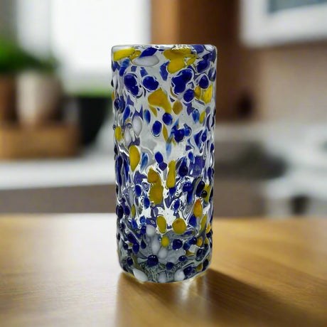 Mexican Double Shot Glass | Blue and Yellow Artisan Barware — hand-blown blue and yellow speckled glass shot tumbler from Guanajuato artisans