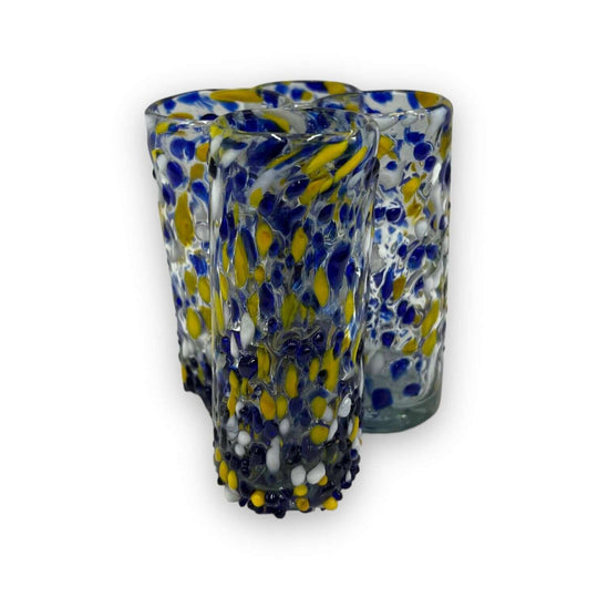 Mexican Double Shot Glass | Blue and Yellow Artisan Barware - hand-blown lead-free glass with blue & yellow talavera-inspired speckle design