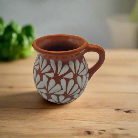 Mexican Clay Jarrito Mug | Handmade Brown Pottery Cup - hand-painted brown earthenware jarrito with white floral etched design
