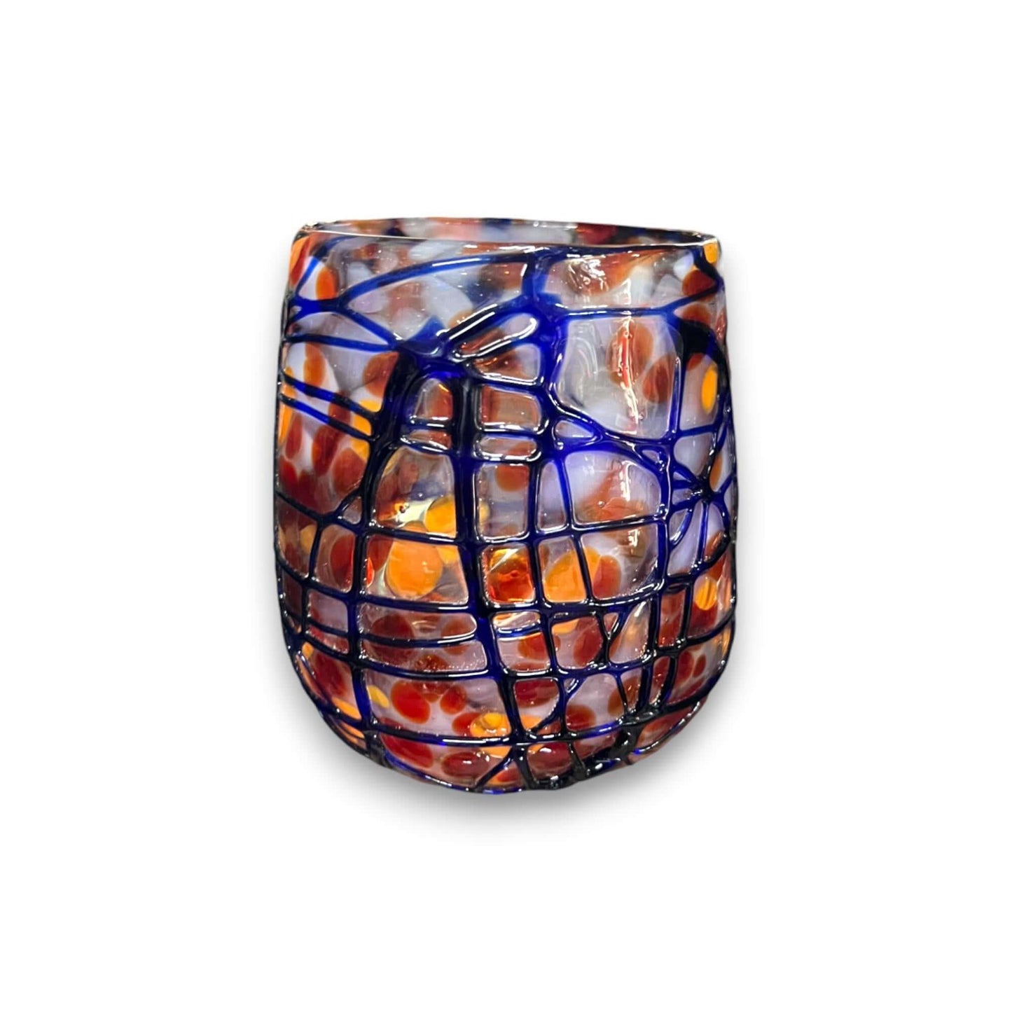 Mexican Stemless Wine Glass | Hand-Blown Orange & Blue Swirl - hand-blown lead-free glass with orange and blue swirl, artisan-made in Guanajuato