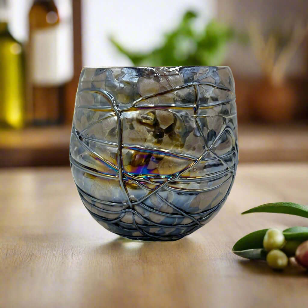 Mexican Stemless Wine Glass | Mocha Mix Design hand-blown lead-free glass with mocha swirl, artisan-made in Guanajuato