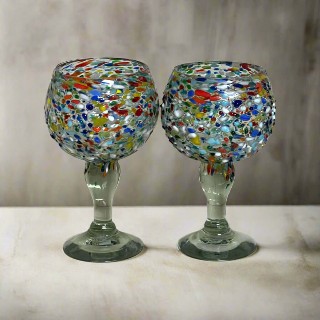 Mexican Margarita Glass | Fish Bowl Confetti Pebble - hand-blown, lead-free fishbowl margarita glasses with colorful confetti pebbles