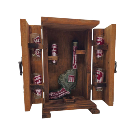 Closed wooden Mexican tequila decanter box with decorative front artwork