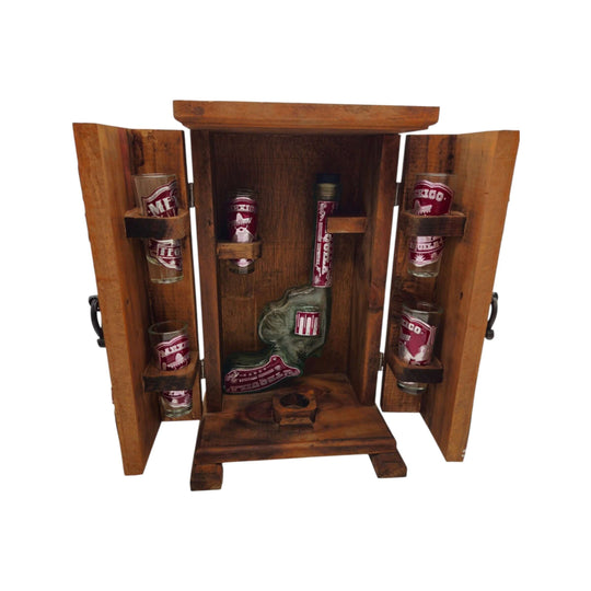 Open Mexican tequila decanter box with shot glasses on a white background