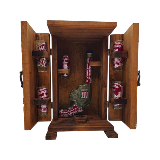 Front view of open wooden revolver decanter box with six decorated shot glasses