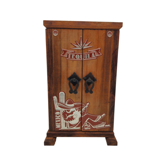 Side view of open wooden revolver decanter set with shot glasses in the doors