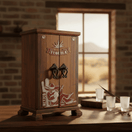 Mexican revolver decanter set with six shot glasses in a wooden display box on a table