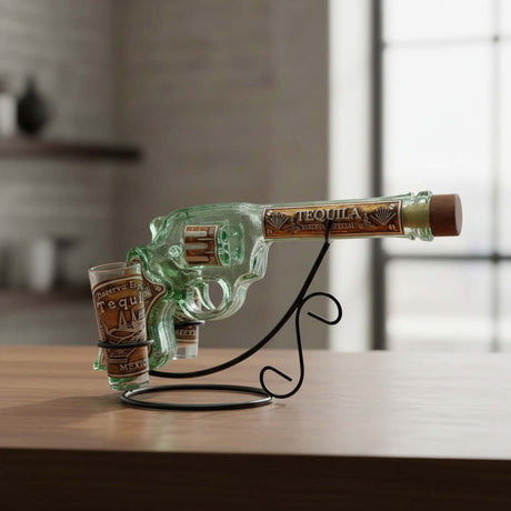 The Talavera Hub handblown glass revolver decanter set with two shot glasses on a black metal stand. Features "Tequila" label.