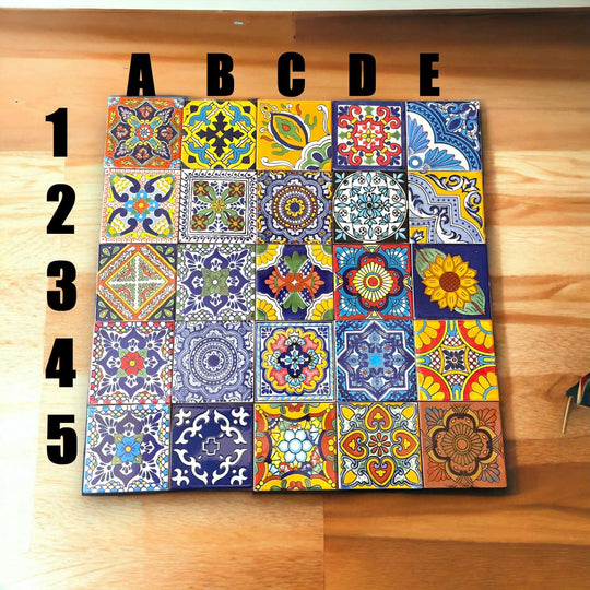 Mexican Talavera 4" Ceramic Tiles | Box of 90 Wholesale - sample 5x5 grid of colorful handcrafted Talavera tile designs