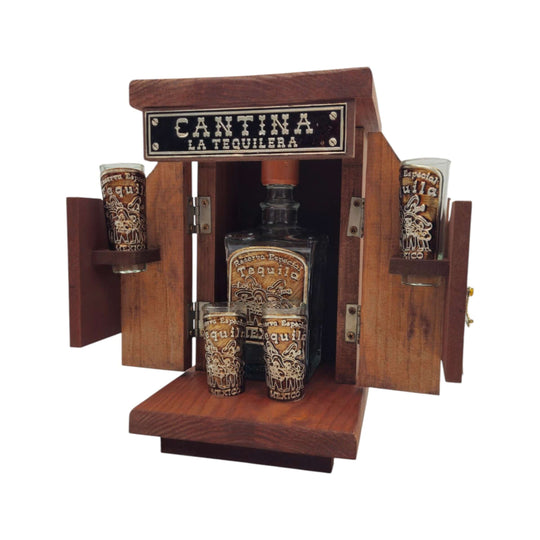 Angled view of a Mexican tequila decanter set in a wooden cantina box