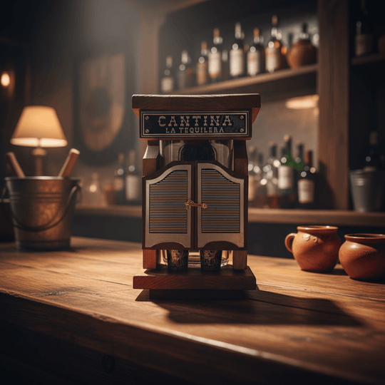 Mexican tequila decanter set displayed closed on a home bar