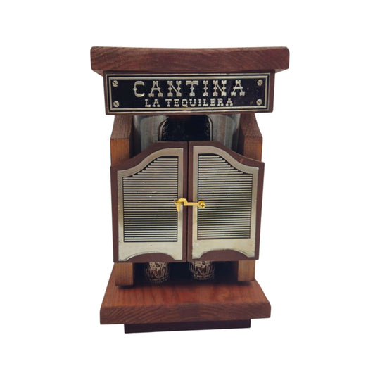 Closed wooden cantina box holding a Mexican tequila decanter set