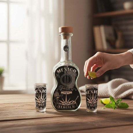 Mexican Tequila Decanter Set | Guitar Design with Shot Glasses on wooden table