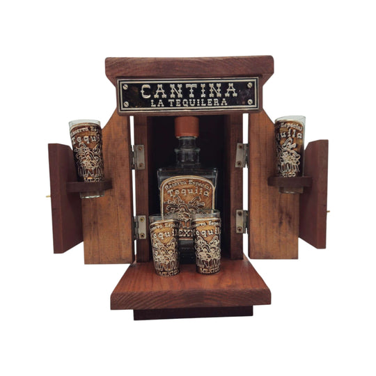 Open angled Mexican tequila decanter set with decorative wooden display