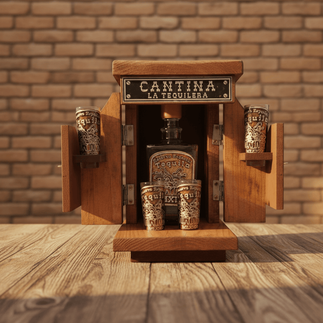 Mexican tequila decanter set open in a wooden cantina display box