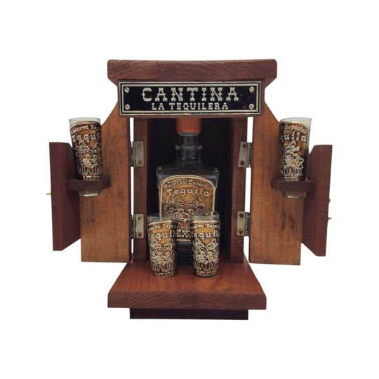 Open Mexican tequila decanter set with wooden box and four shot glasses