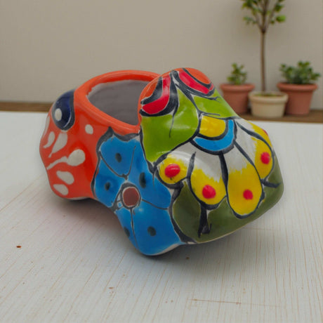 Mini Talavera Car Planter | Hand-Painted Mexican Figurine - colorful hand-painted ceramic car planter with floral Talavera motifs