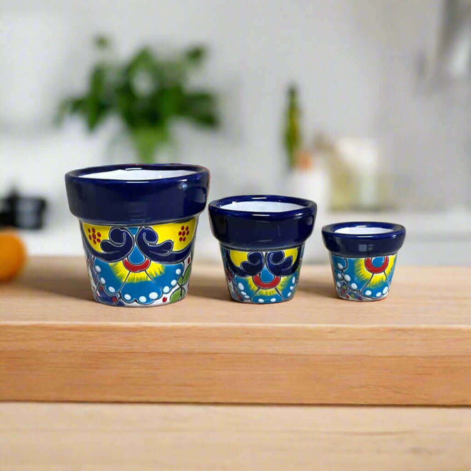 Mini Talavera Flower Pot Set | Colorful Mexican Planters (Set of 3) — handcrafted hand-painted blue-yellow Talavera mini pots, kiln-fired lead-free glaze