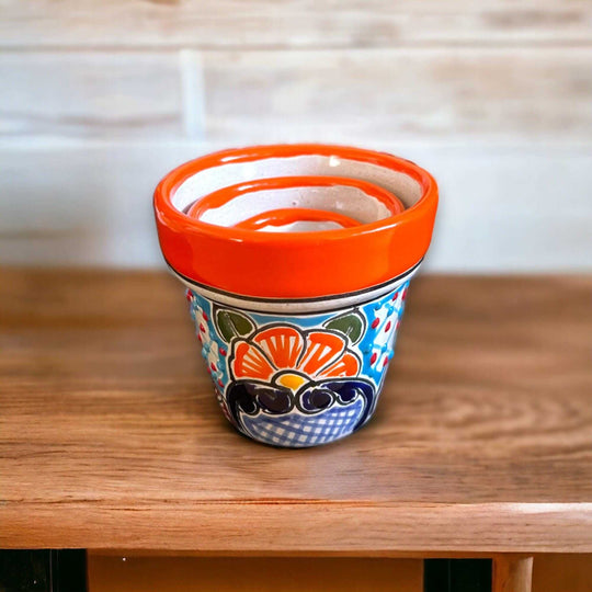 Mini Talavera Flower Pot Set | Colorful Mexican Planters (Set of 3) - single hand-painted orange-rimmed Talavera mini flower pot with floral design